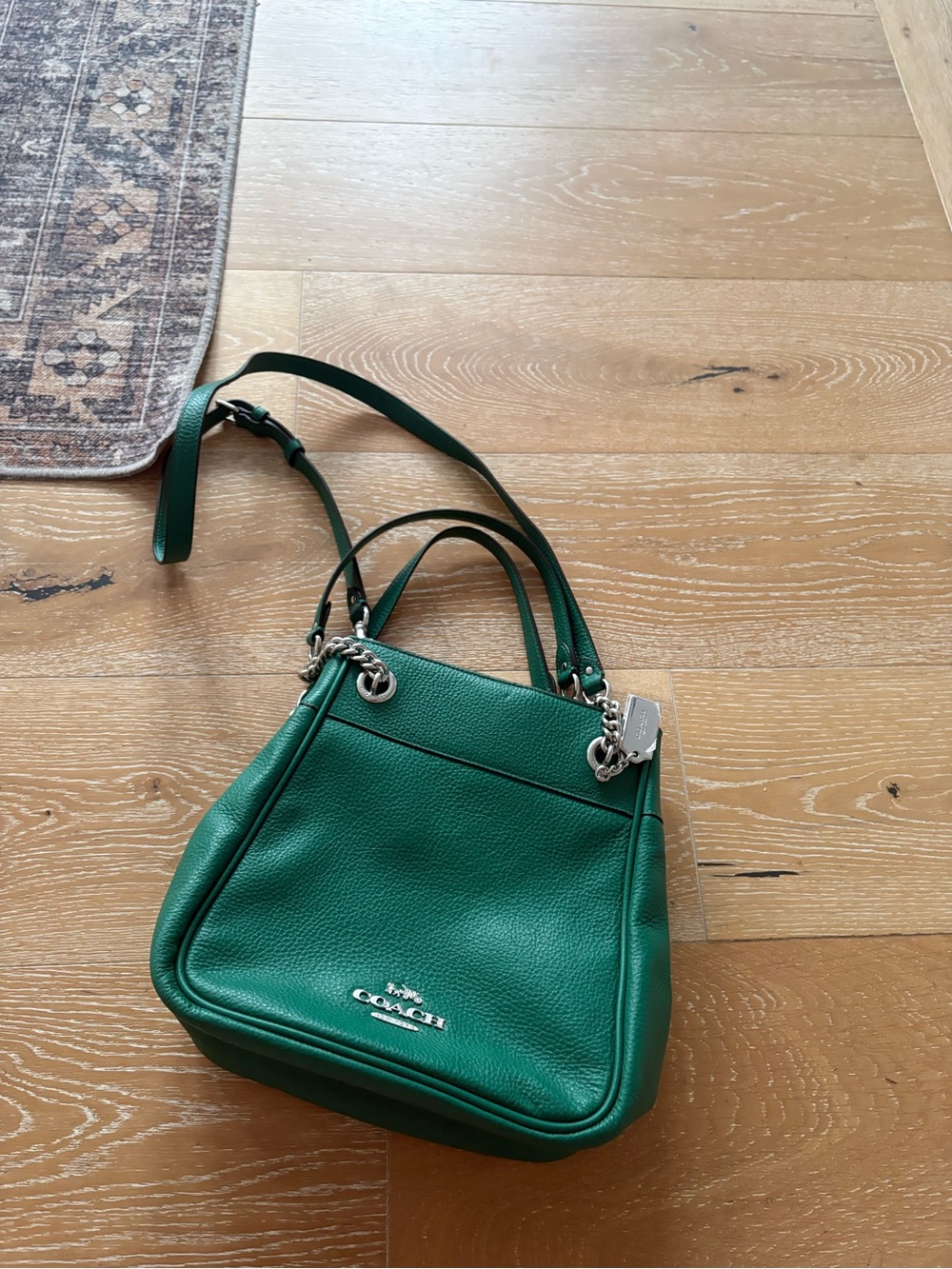 Coach Emerald Green Pebbled Leather Hobo with Silver Chain